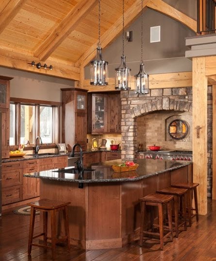 timber frame kitchen with high ceilings and large kitchen island