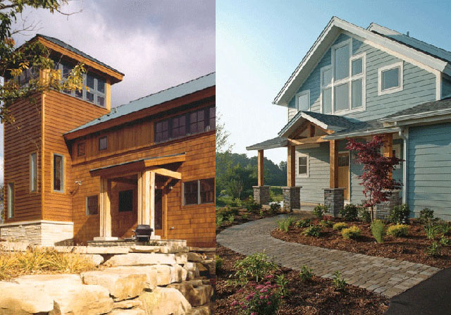 dual image of two different timber frame homes