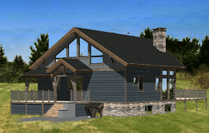 timber frame conceptual design with over-hanging roof and large window over the entrance
