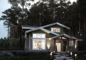 timber frame home with stone walkway and modern style slanted roofing