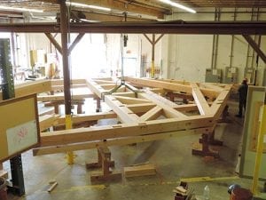 A timber bent being pre-fit in the shop
