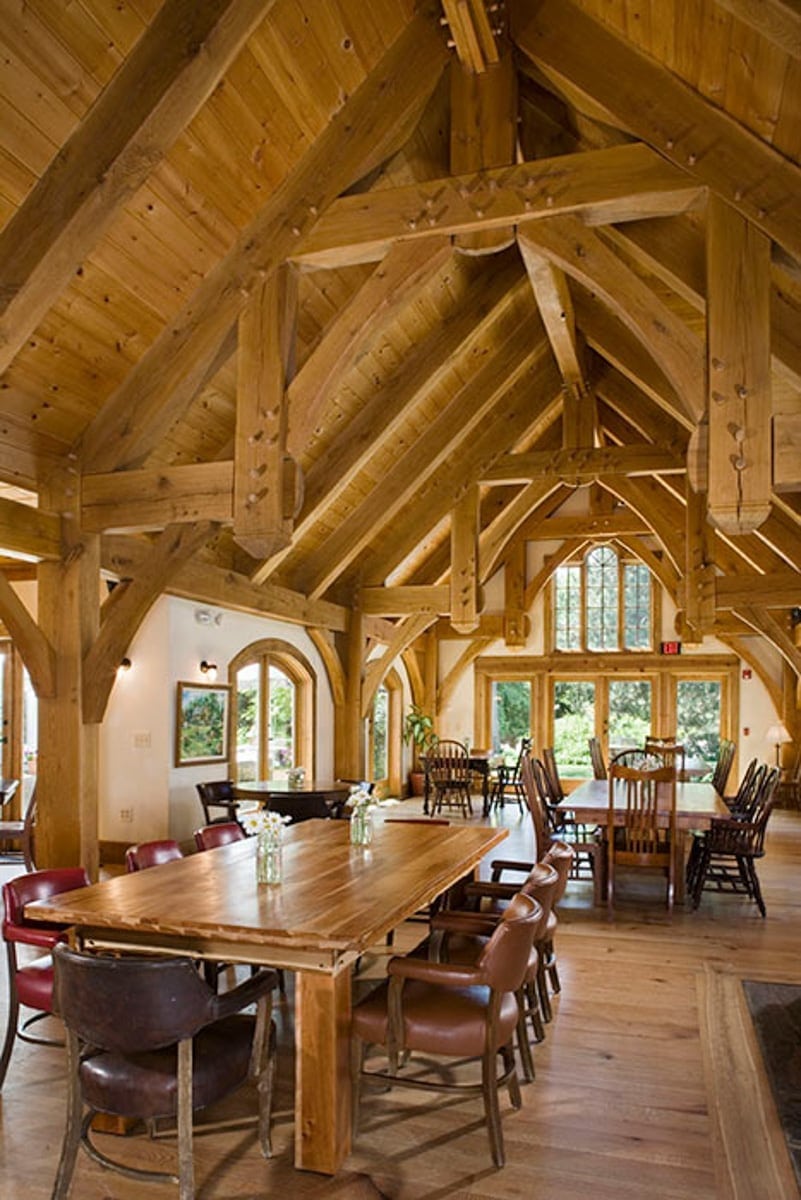 timber frame clubhouse with view of great window