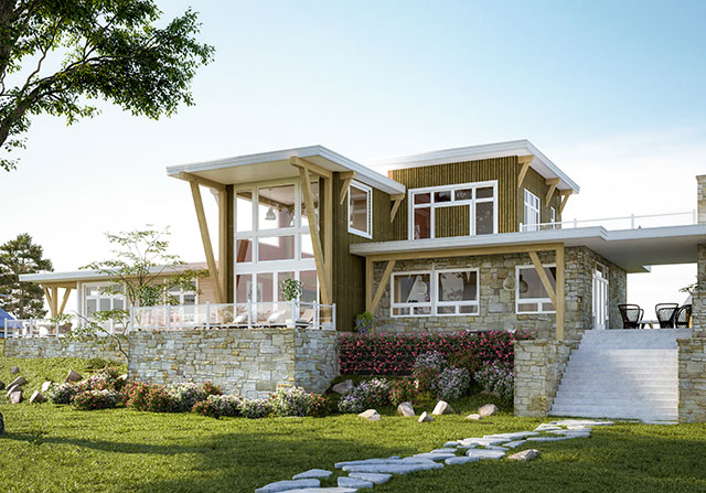 mid century timber frame home design with rock retaining wall