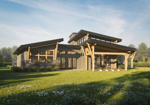 mid century timber frame home with covered porch and central entrance
