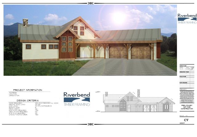cad designed image of a timber frame home with a two car garage
