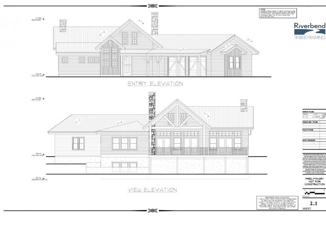 entry elevation and view elevation of a timber frame home with a two car garage