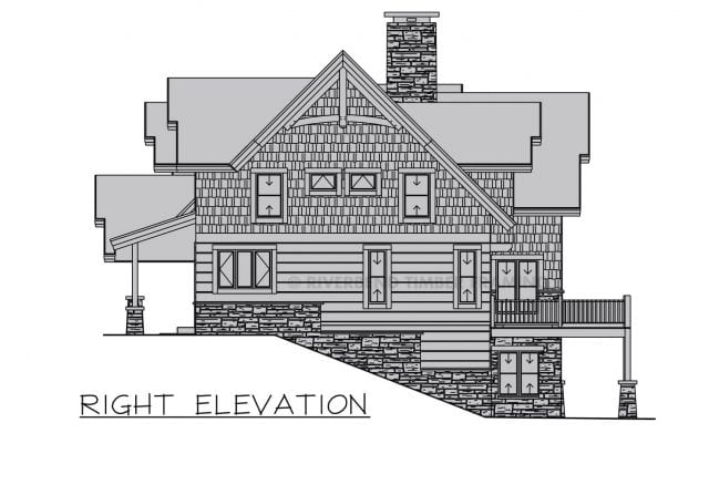 timber frame home side elevation on sloped property